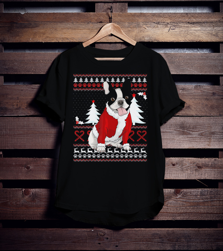 Cute French Bulldog Christmas Sweater With Santa Outfit And Holiday Trees T-Shirt