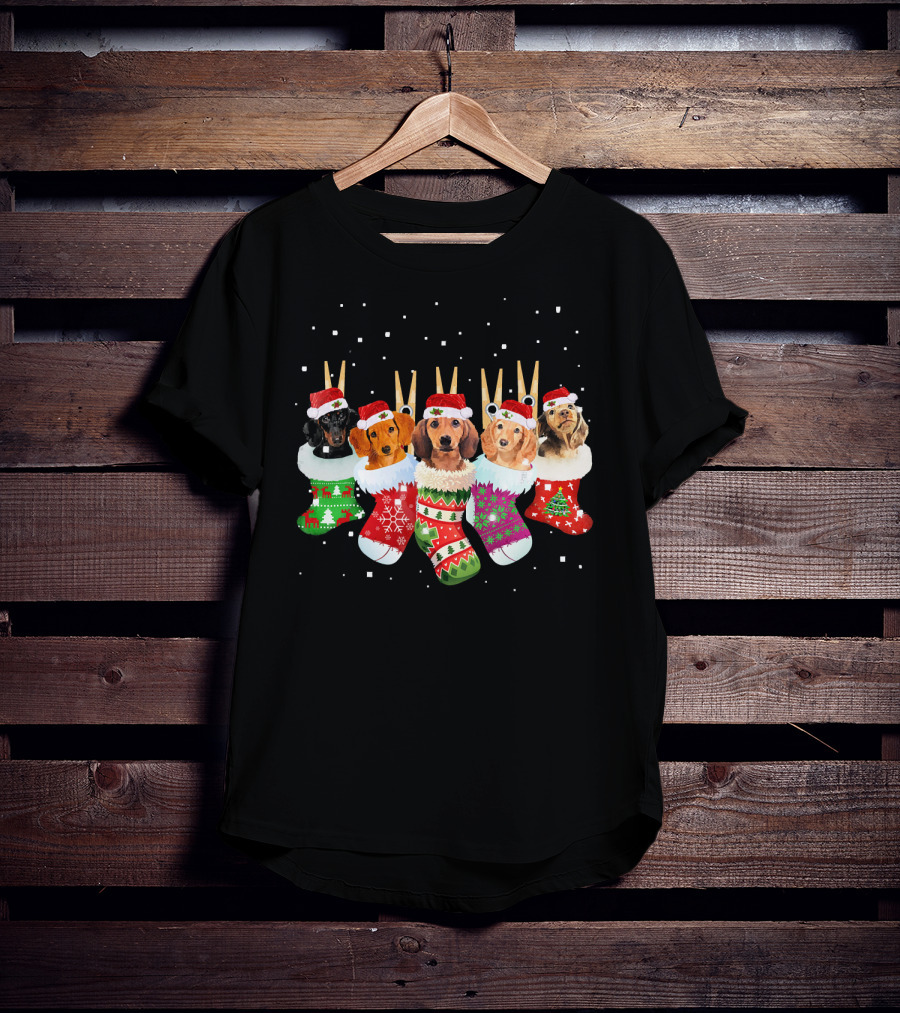 Christmas Socks Dachshund Santa Hats Snowflakes T-Shirt