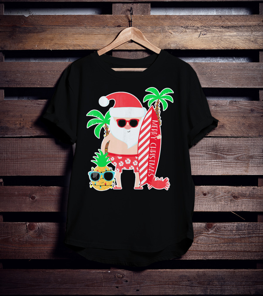 Merry Christmas Santa Surfing Hawaiian Pineapple Palm Trees T-Shirt