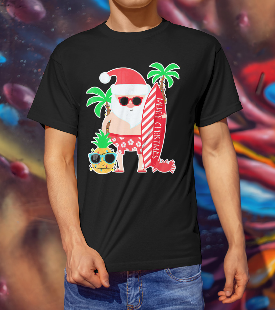 Merry Christmas Santa Surfing Hawaiian Pineapple Palm Trees T-Shirt