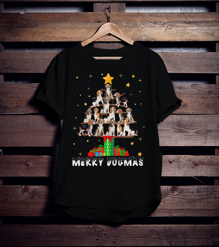 Merry Dogmas Beagle Puppies Christmas Tree With Gifts And Star T-Shirt