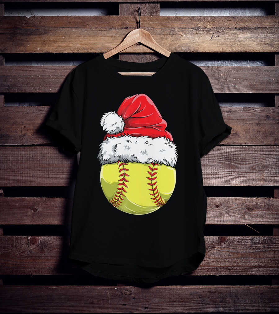 Santa Hat Softball Christmas T-Shirt