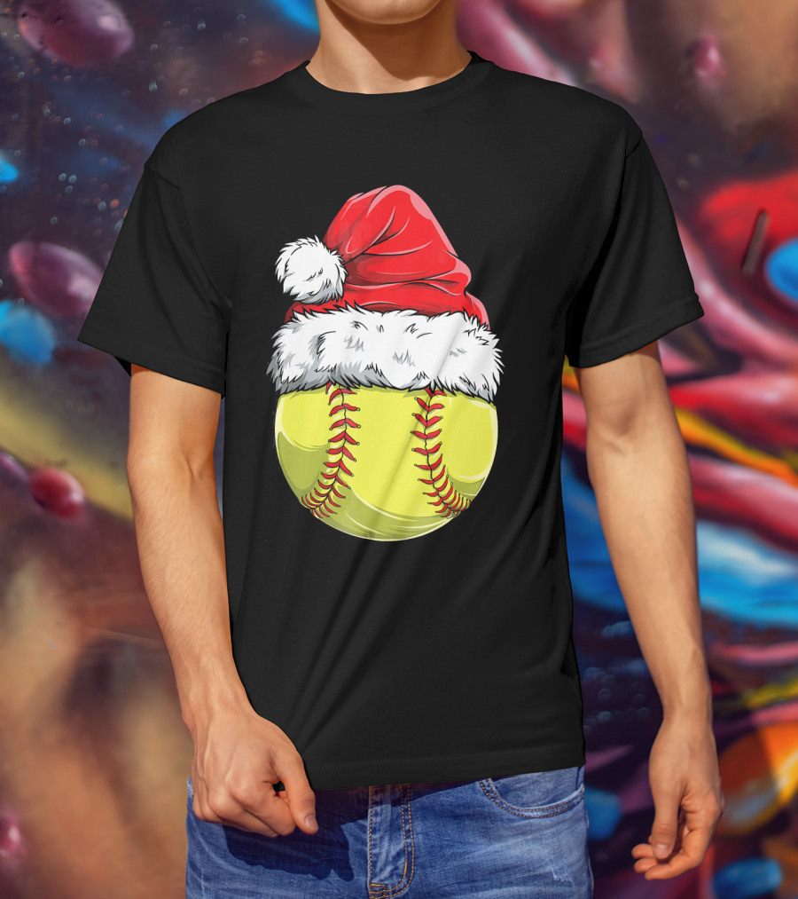 Santa Hat Softball Christmas T-Shirt