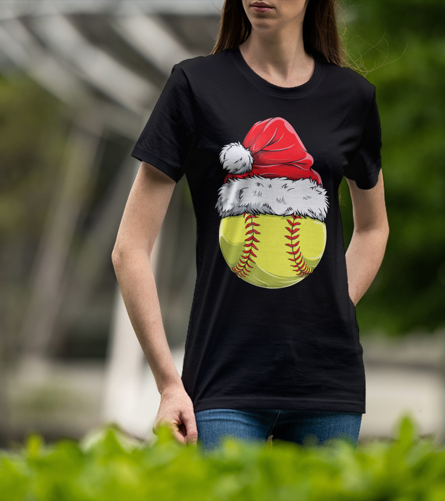 Santa Hat Softball Christmas T-Shirt