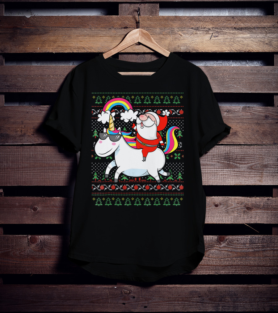 Santa Claus Riding A Rainbow Unicorn Christmas T-Shirt