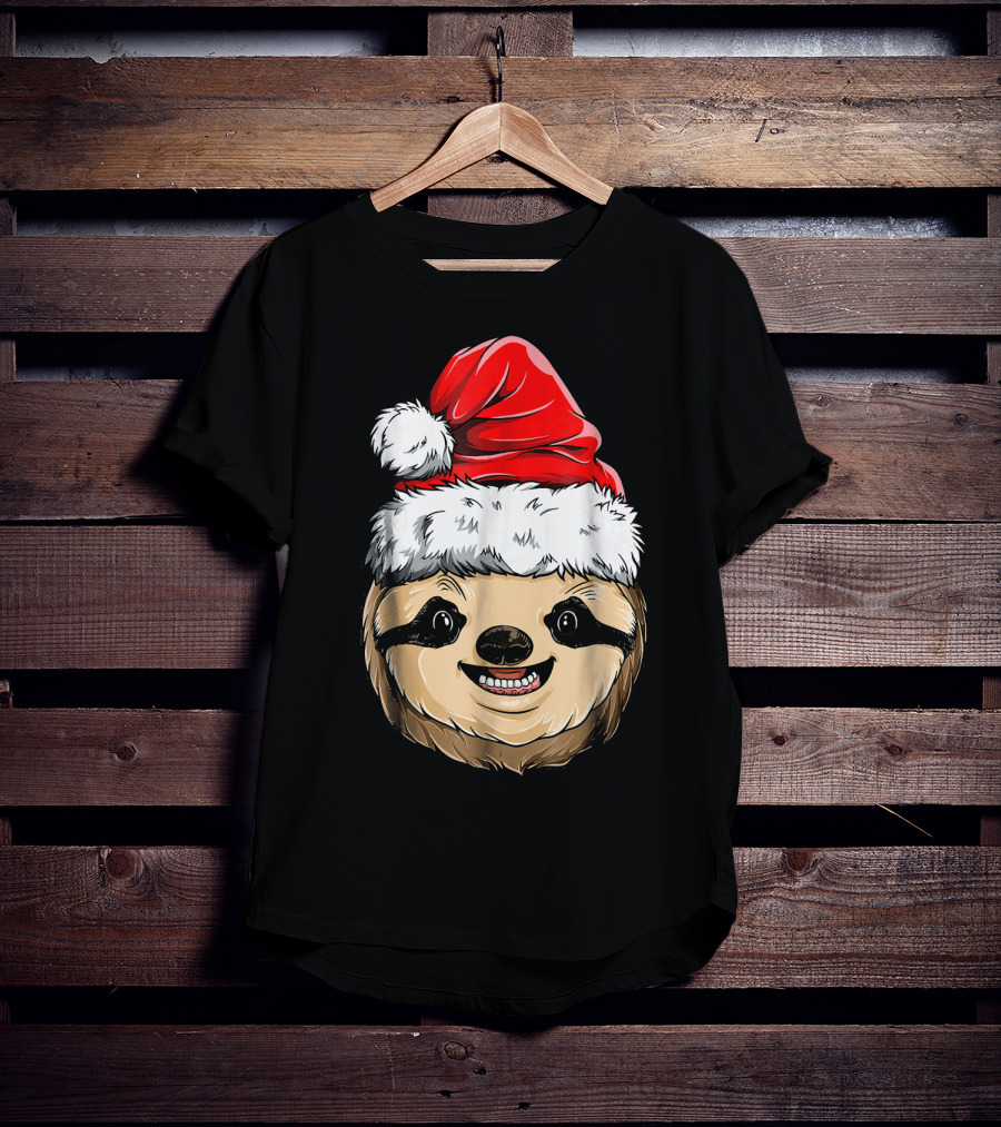 Sloth Santa Christmas Hat Cheerful Face T-Shirt