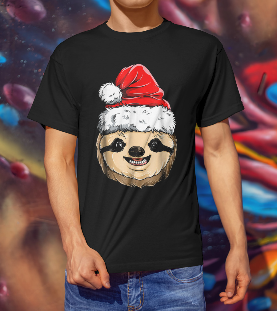 Sloth Santa Christmas Hat Cheerful Face T-Shirt