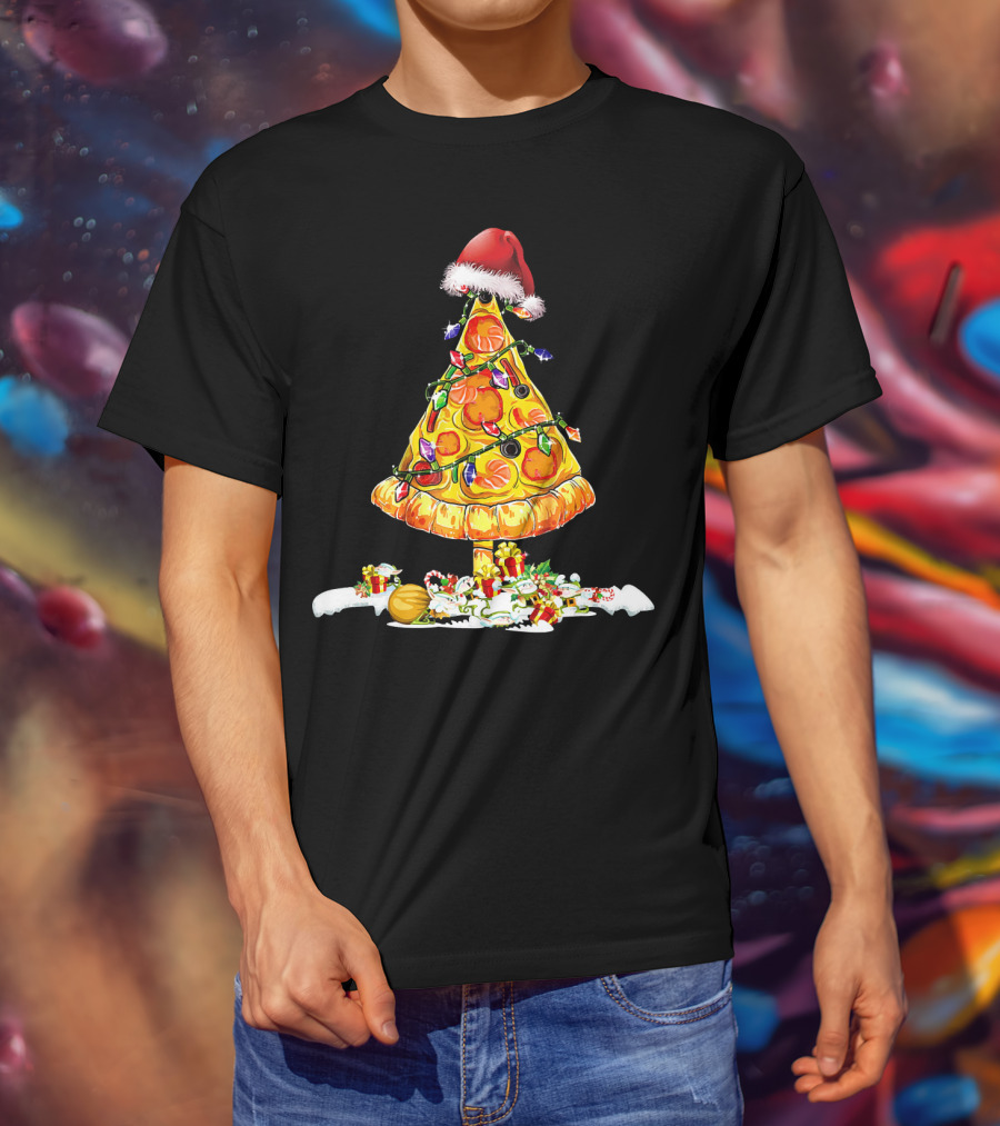 Merry Crustmas Pizza Tree Pizza Lover Holiday Santa Hat T-Shirt