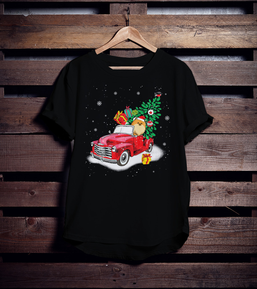 Pomeranian With Christmas Tree And Gifts In Red Truck Snow Scene T-Shirt