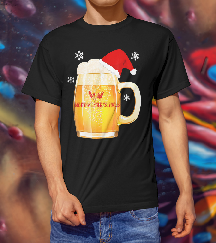 Hoppy Christmas Beer Santa Mug With Snowflakes T-Shirt