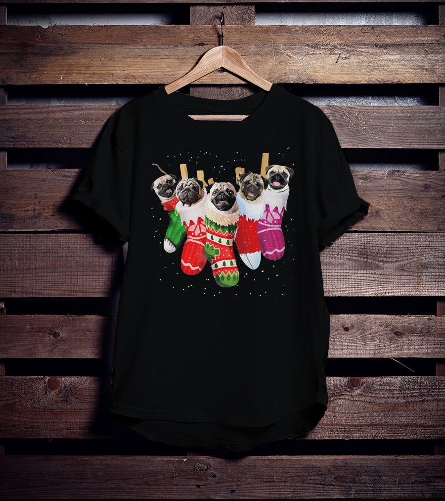 Pug Heads In Colorful Christmas Stockings With Snowflakes T-Shirt