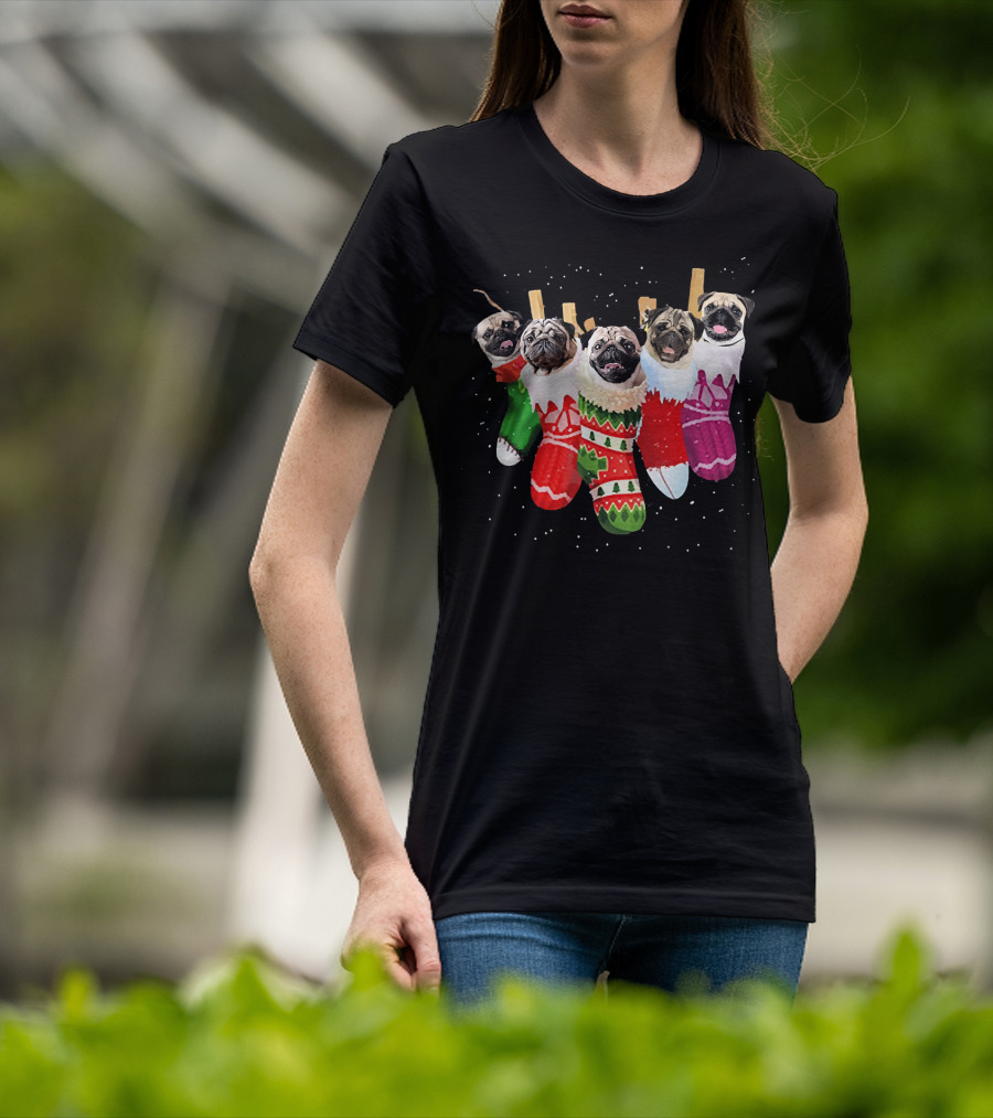 Pug Heads In Colorful Christmas Stockings With Snowflakes T-Shirt
