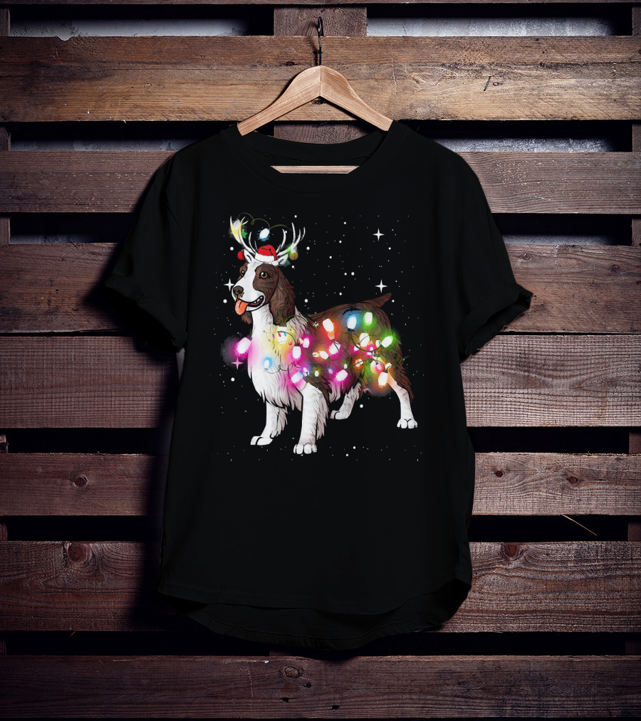 Christmas Lights English Springer Spaniel With Reindeer Antlers And Santa Hat T-Shirt