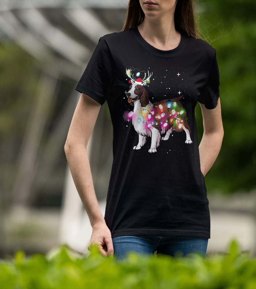 Christmas Lights English Springer Spaniel With Reindeer Antlers And Santa Hat T-Shirt