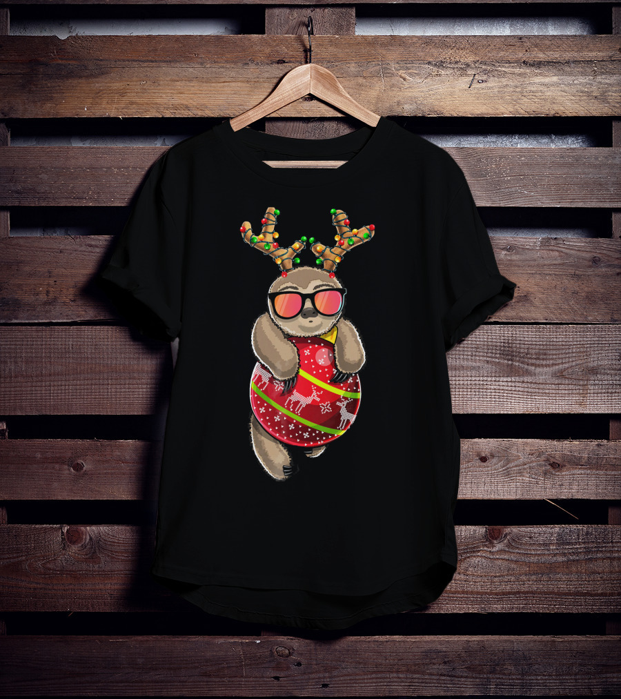 Christmas Sloth Reindeer Ornament Holiday Lights Festive Fashion T-Shirt