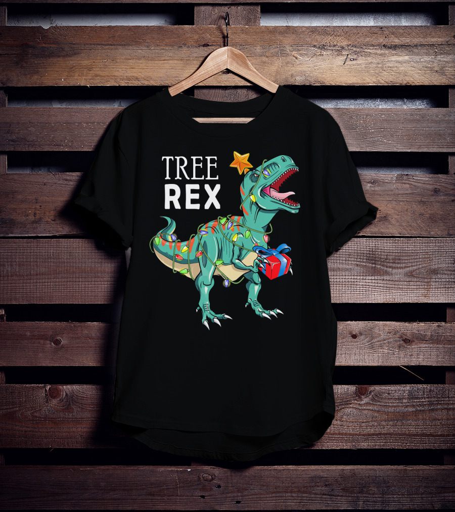 Tree Rex Dinosaur With Christmas Lights And Gift T-Shirt