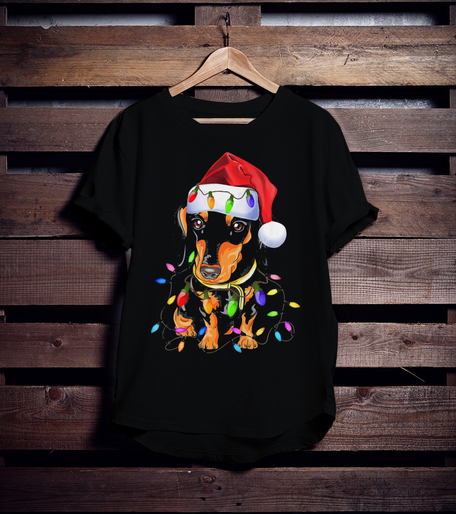 Dachshund Christmas Loves LED Lights Santa Hat T-Shirt