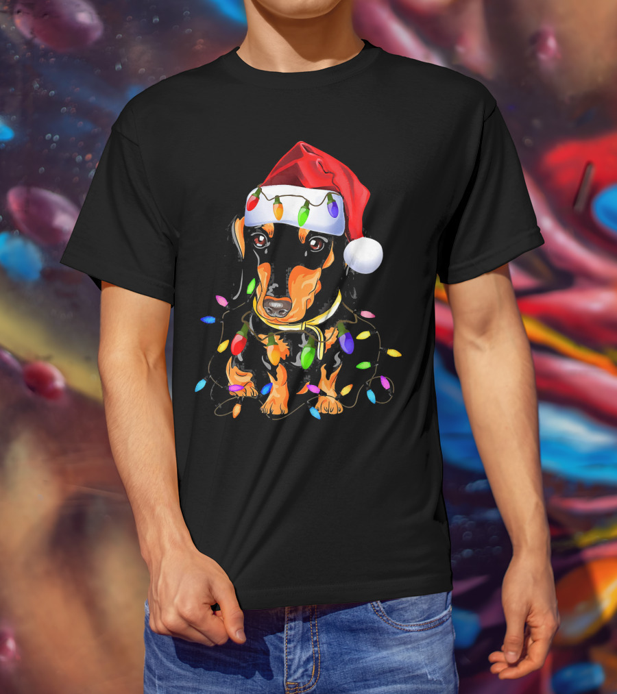 Dachshund Christmas Loves LED Lights Santa Hat T-Shirt