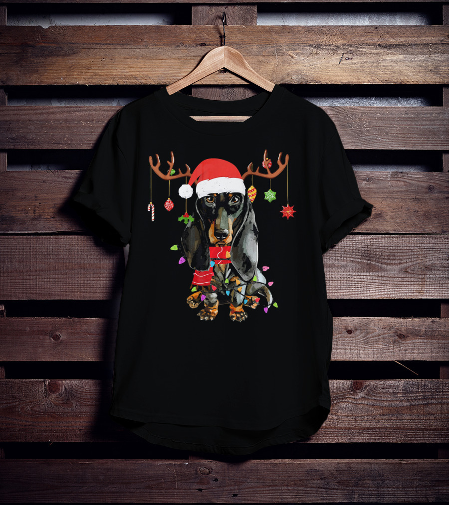 Funny Dachshund Christmas Reindeer Light Festive Holiday Puppy With Santa Hat And Antlers T-Shirt