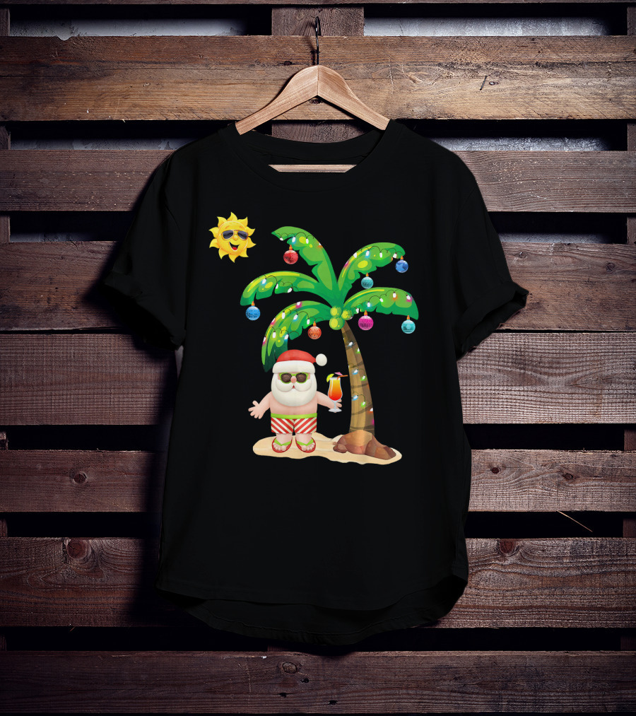 July Christmas Palm Tree Santa With Sunglasses And Cocktail T-Shirt