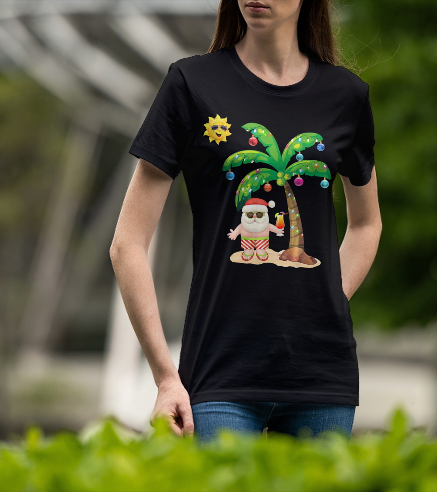 July Christmas Palm Tree Santa With Sunglasses And Cocktail T-Shirt