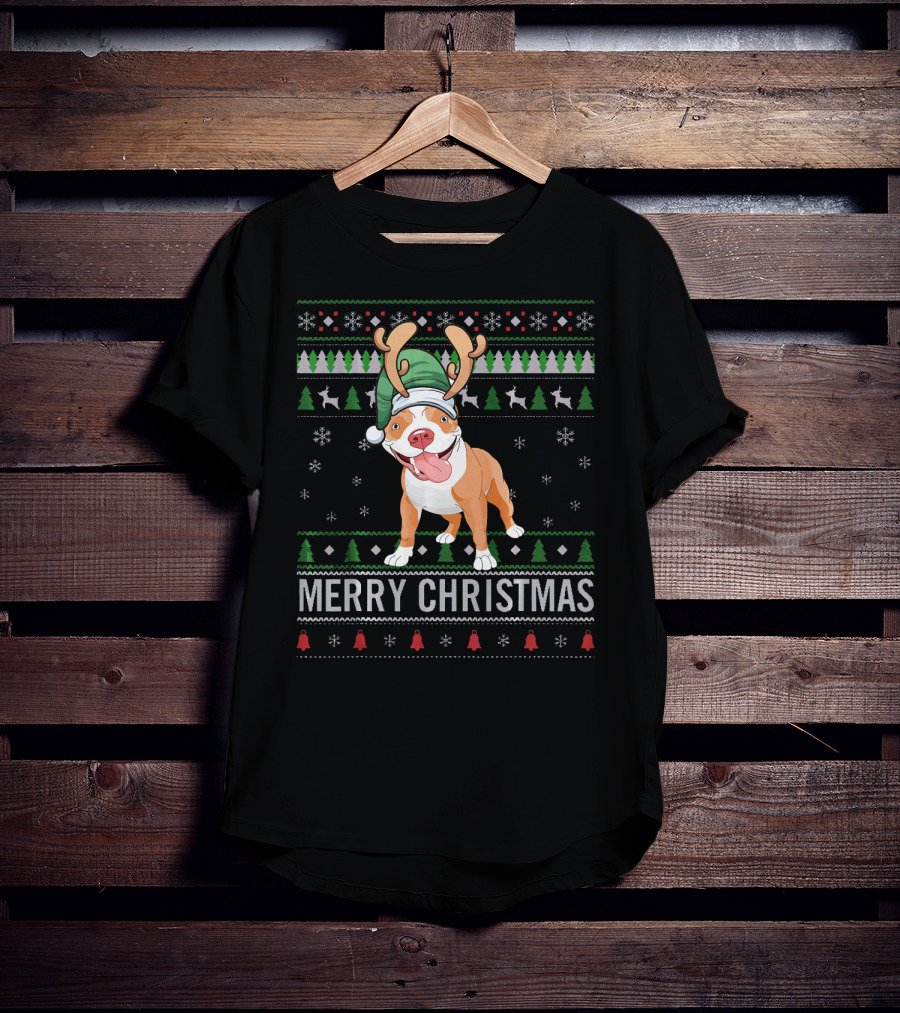 Merry Christmas Pitbull Dog Reindeer Antlers Festive T-Shirt