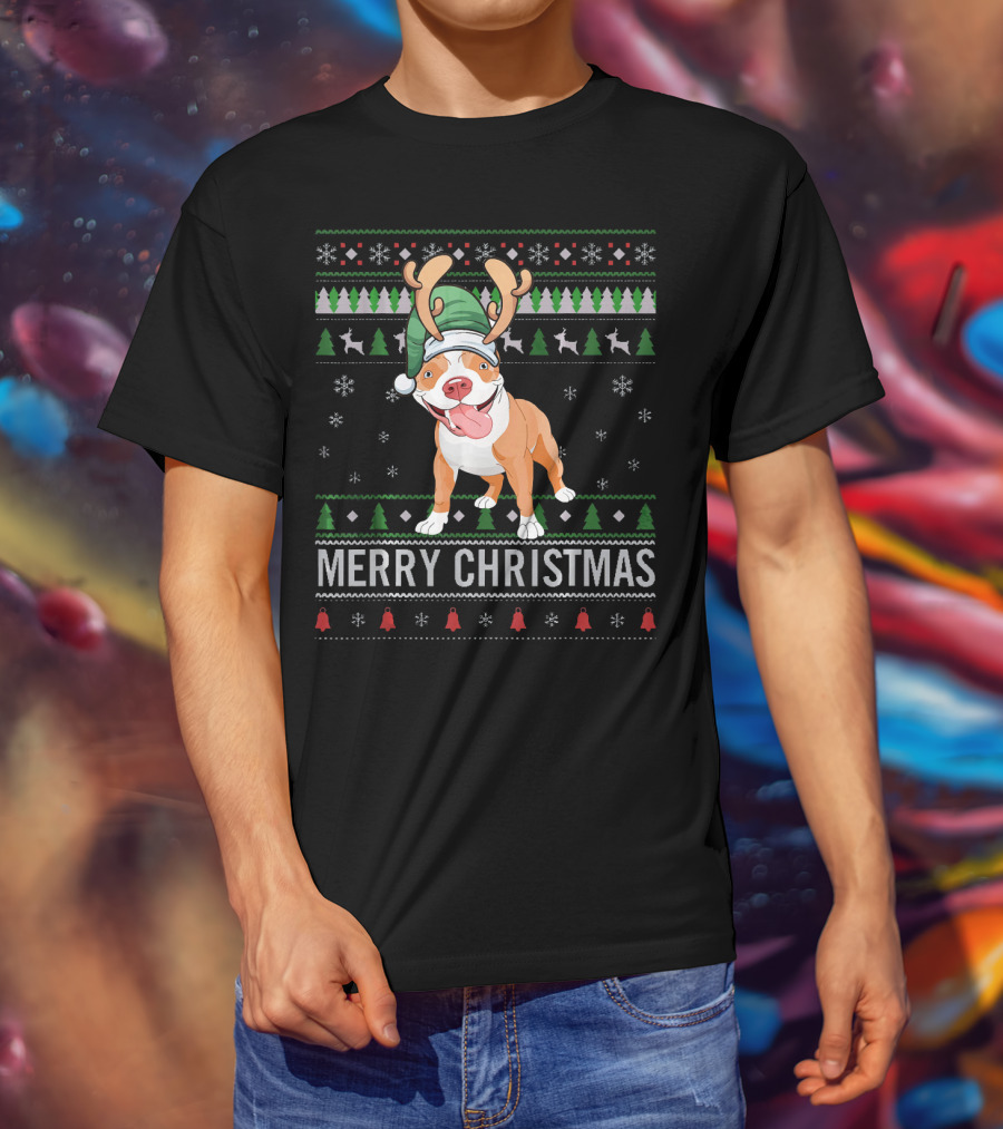 Merry Christmas Pitbull Dog Reindeer Antlers Festive T-Shirt
