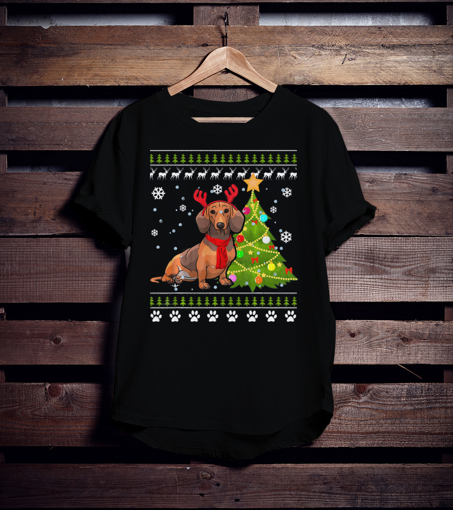 Dachshund Ugly Christmas Reindeer Antlers Christmas Tree Snowflakes T-Shirt