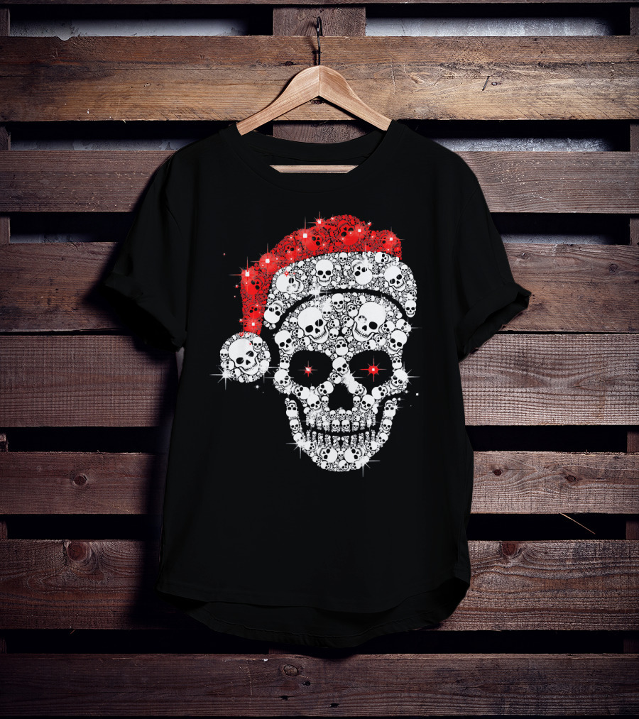 Shiny Skull Rhinestone Santa Hat Christmas Skulls T-Shirt