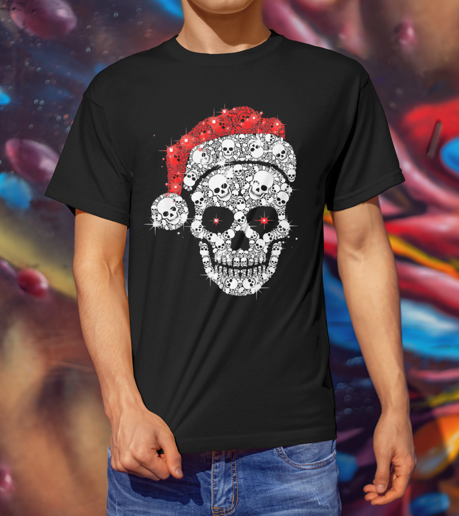 Shiny Skull Rhinestone Santa Hat Christmas Skulls T-Shirt
