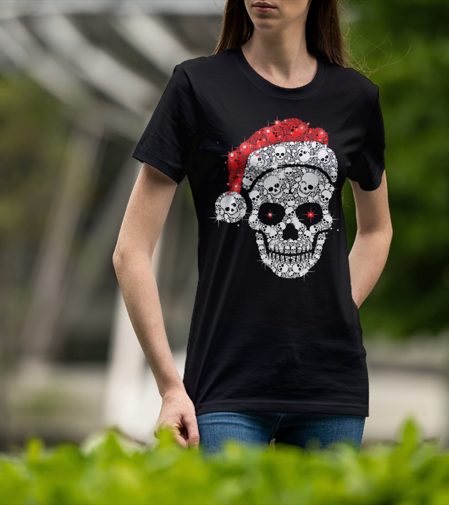 Shiny Skull Rhinestone Santa Hat Christmas Skulls T-Shirt