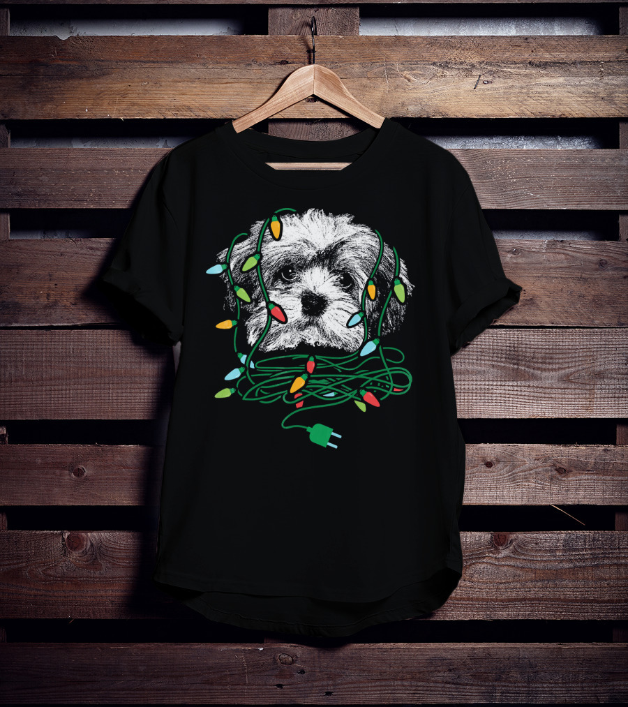 Havanese Puppy Tangled In Colorful Christmas Lights T-Shirt