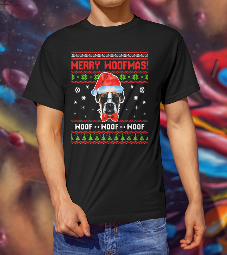 Merry Woofmas Boxer Dog Santa Hat Woof Woof Woof T-Shirt