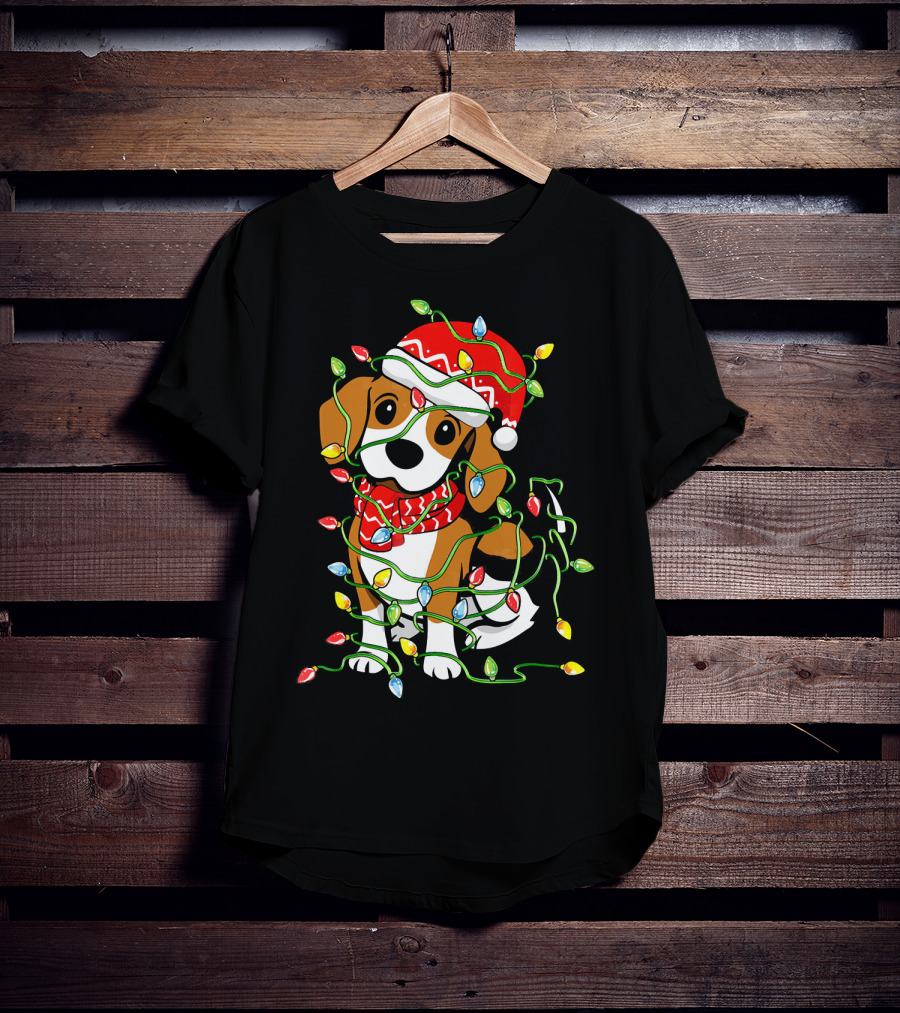 Beagle Wrapped In Christmas Lights Wearing Santa Hat T-Shirt