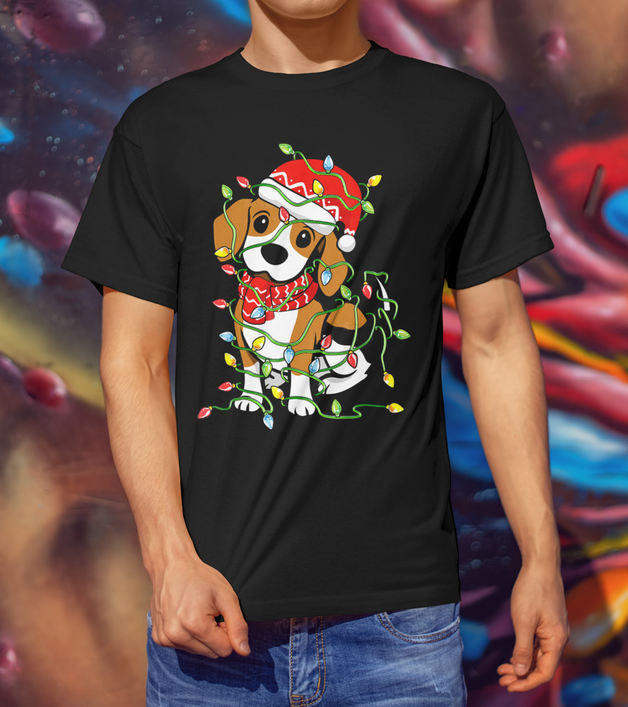 Beagle Wrapped In Christmas Lights Wearing Santa Hat T-Shirt
