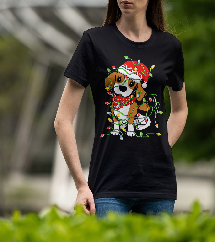 Beagle Wrapped In Christmas Lights Wearing Santa Hat T-Shirt