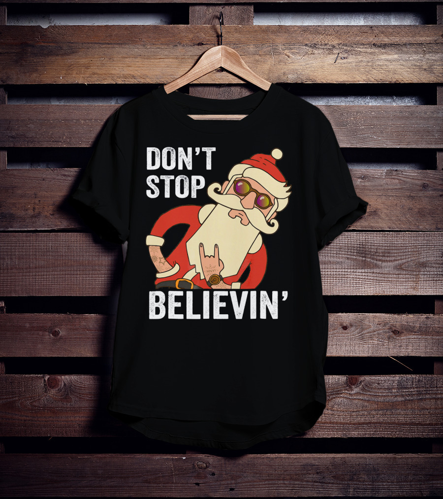 Don't Stop Believin' Santa Rock Hand Gesture T-Shirt