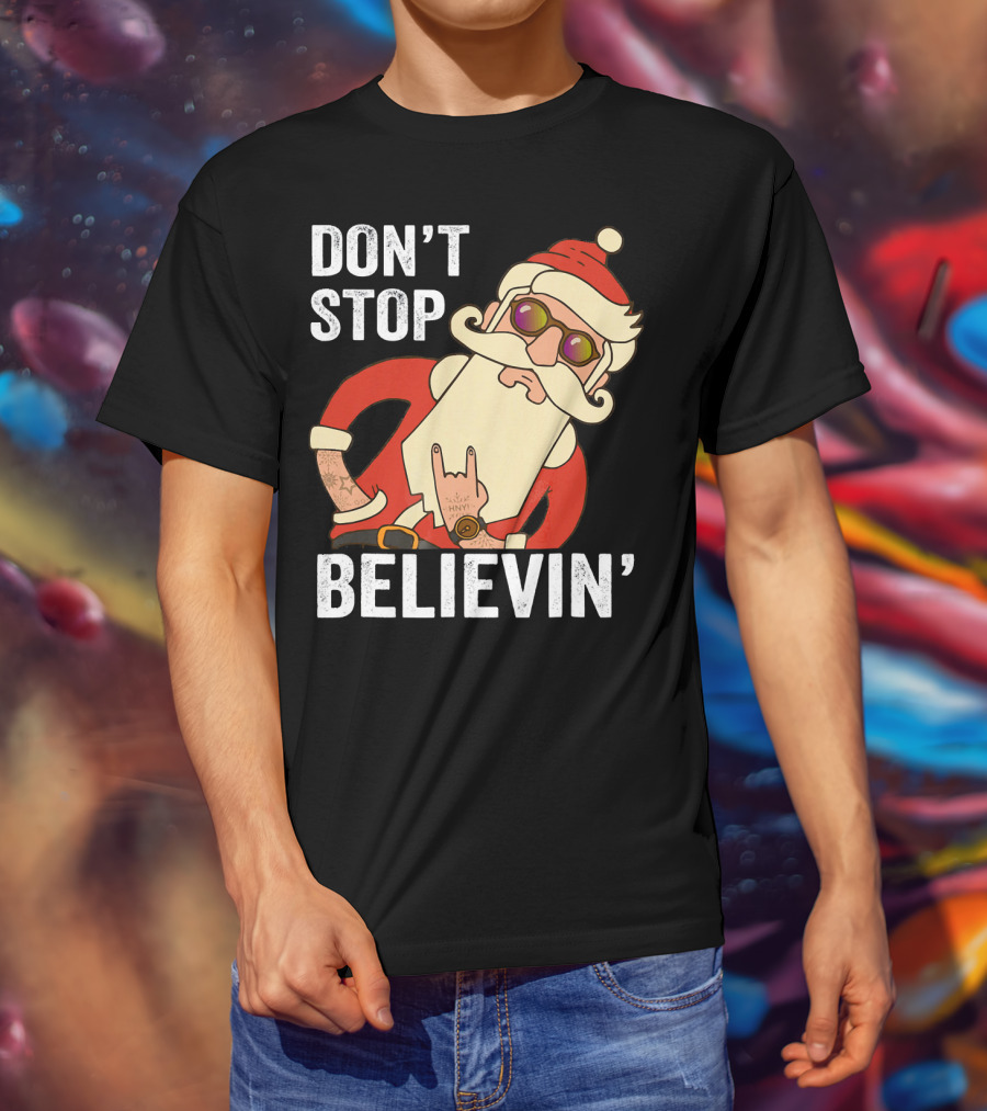 Don't Stop Believin' Santa Rock Hand Gesture T-Shirt