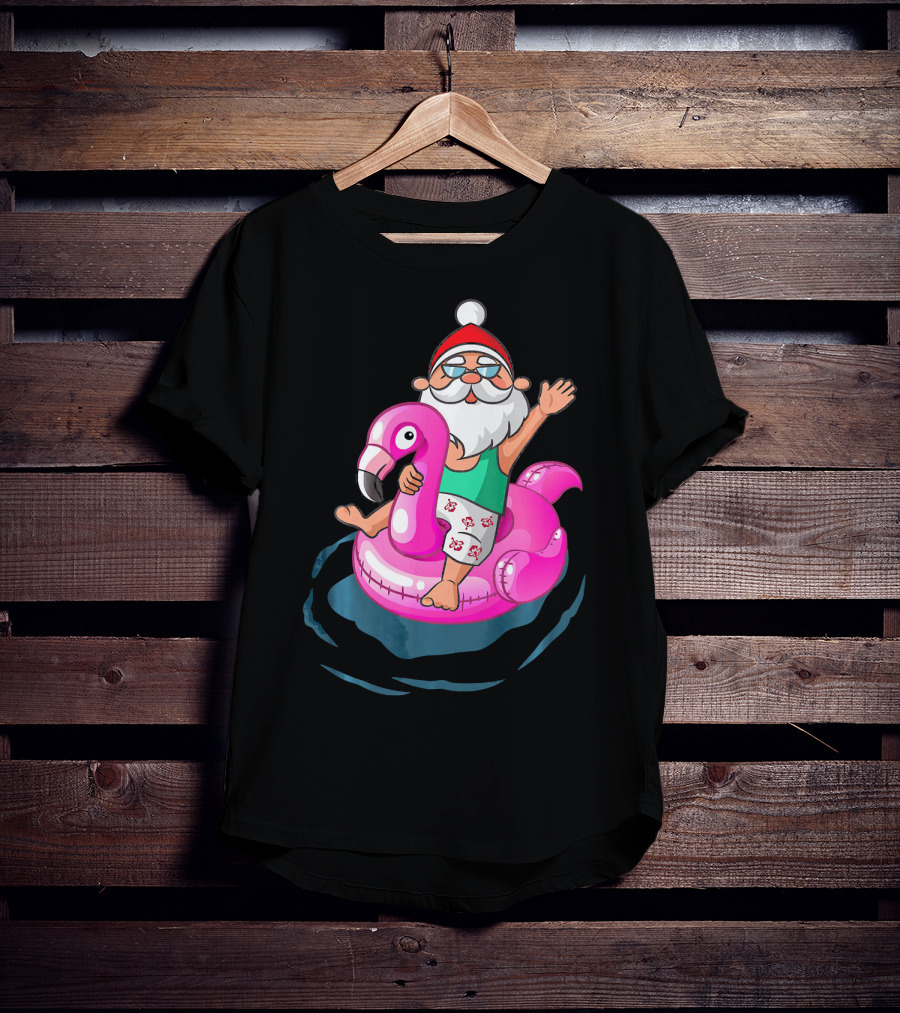 Christmas In July Santa Riding Flamingo Float In Hawaiian Shorts T-Shirt