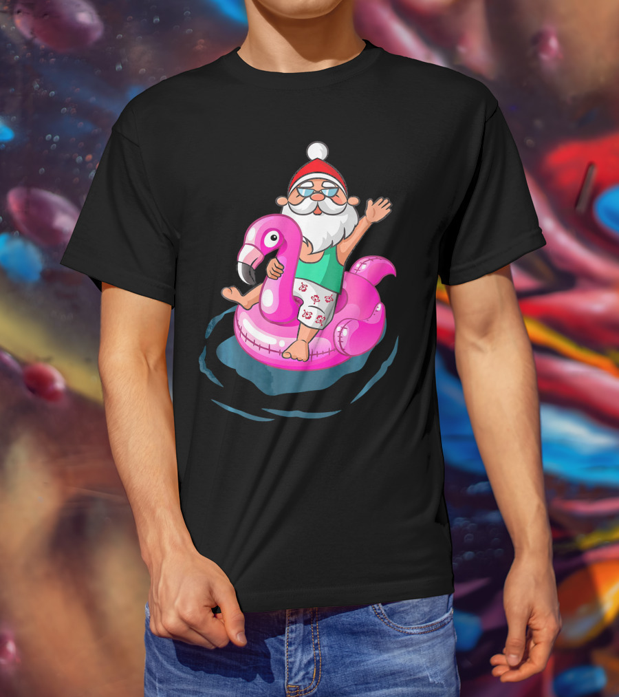 Christmas In July Santa Riding Flamingo Float In Hawaiian Shorts T-Shirt