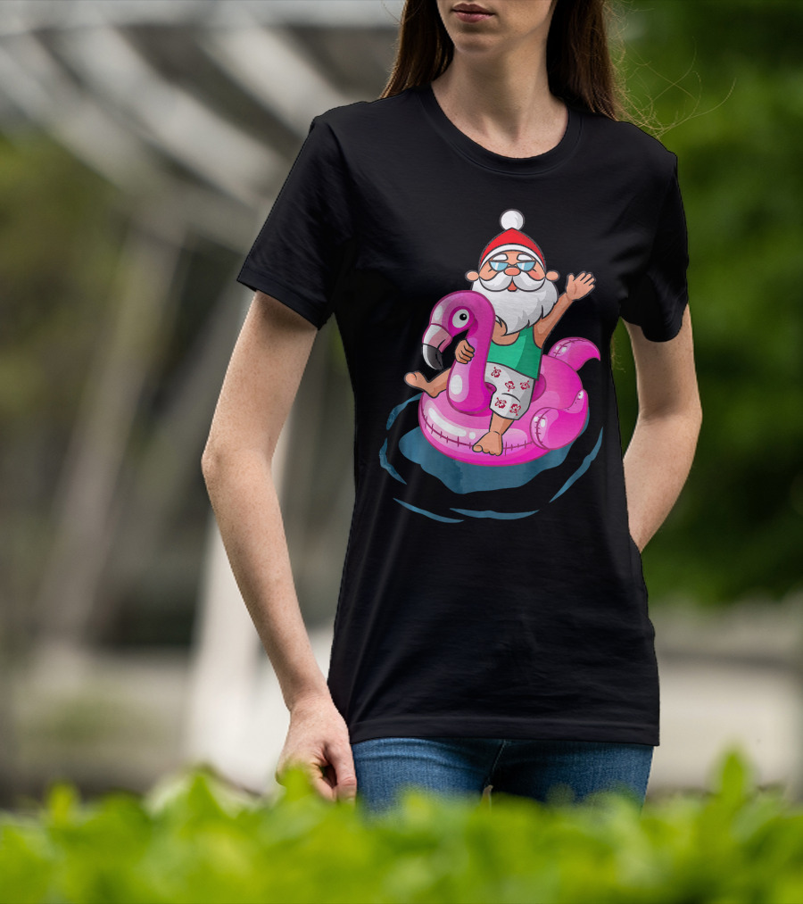 Christmas In July Santa Riding Flamingo Float In Hawaiian Shorts T-Shirt