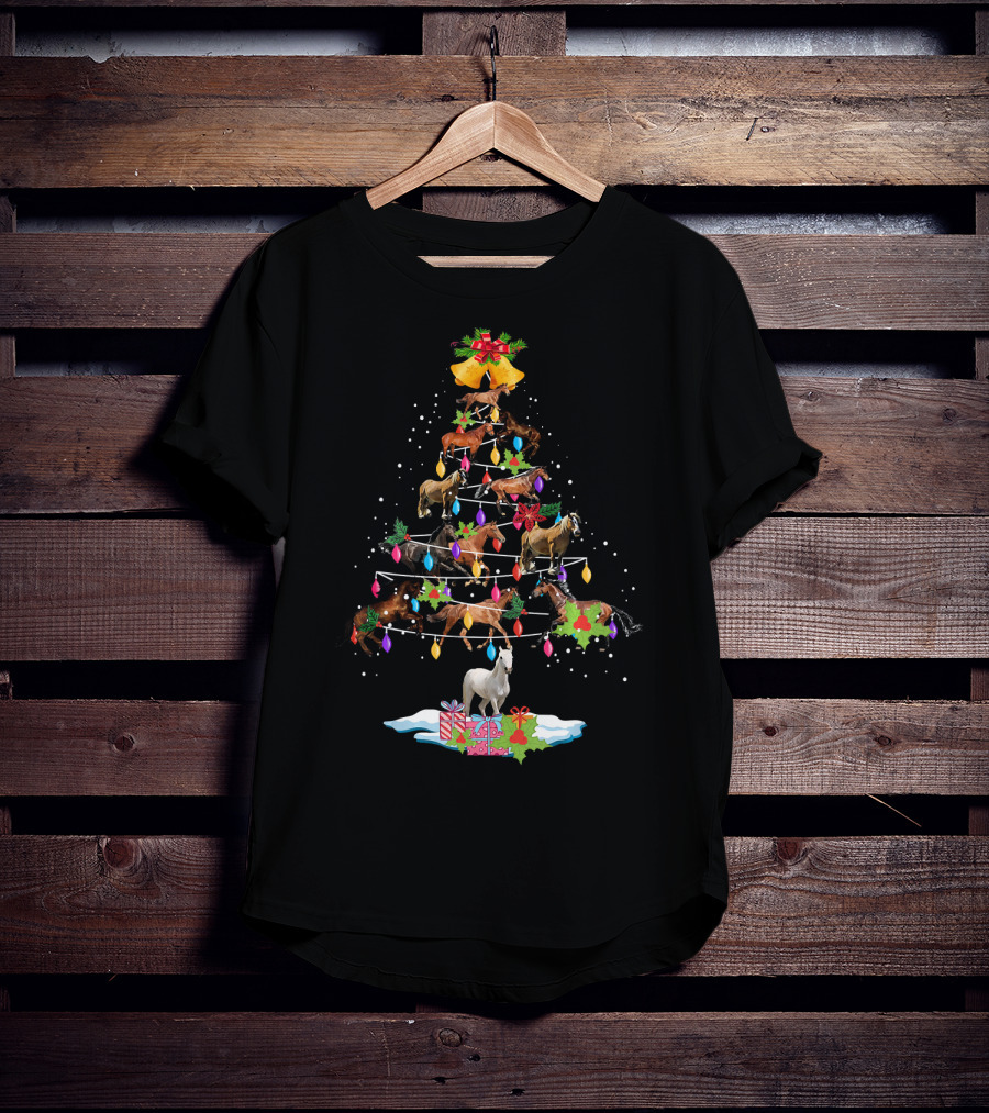 Horse Tree Christmas Candy Cane Ornament Holiday Lights T-Shirt