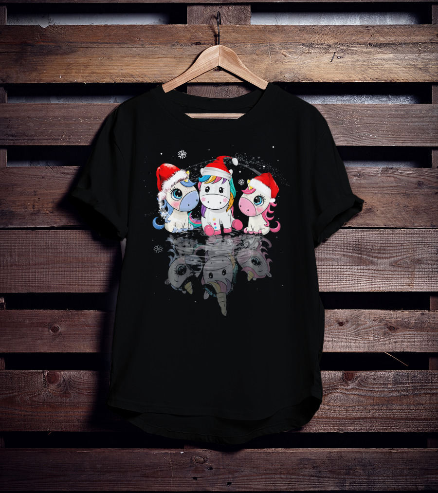 Christmas Santa Hat Funny Three Cute Unicorn Snowflakes T-Shirt