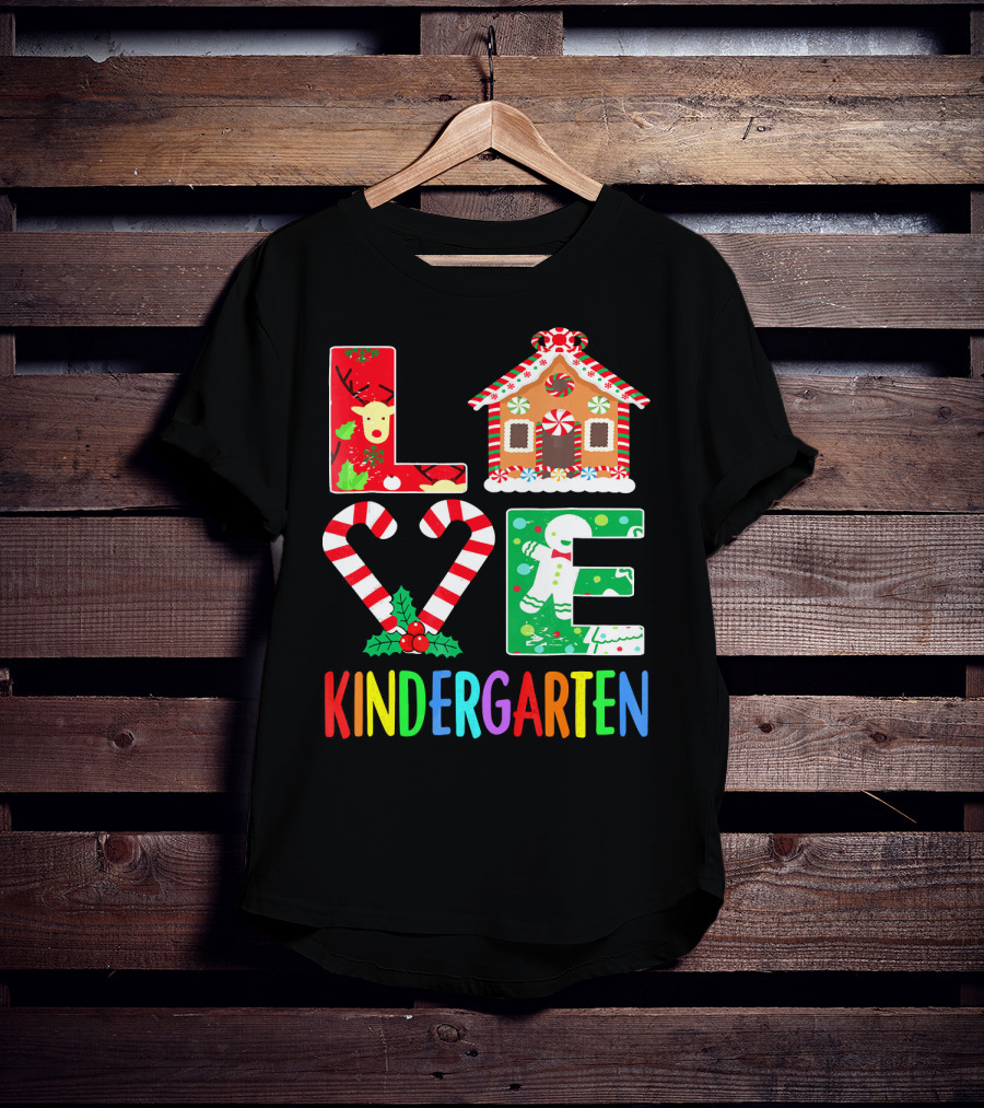 LOVE Kindergarten Christmas Reindeer Gingerbread Candy Cane T-Shirt