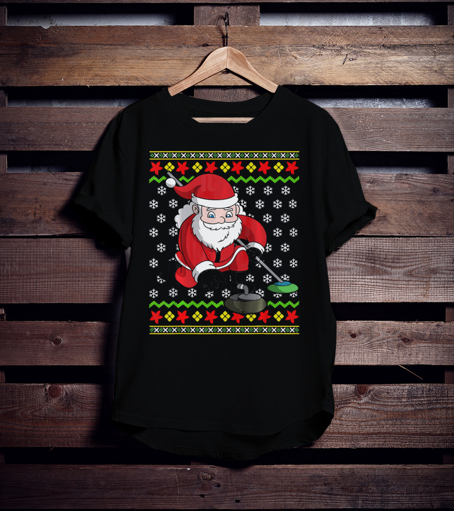 Santa Curling Ugly Christmas Sweater Snowflakes T-Shirt