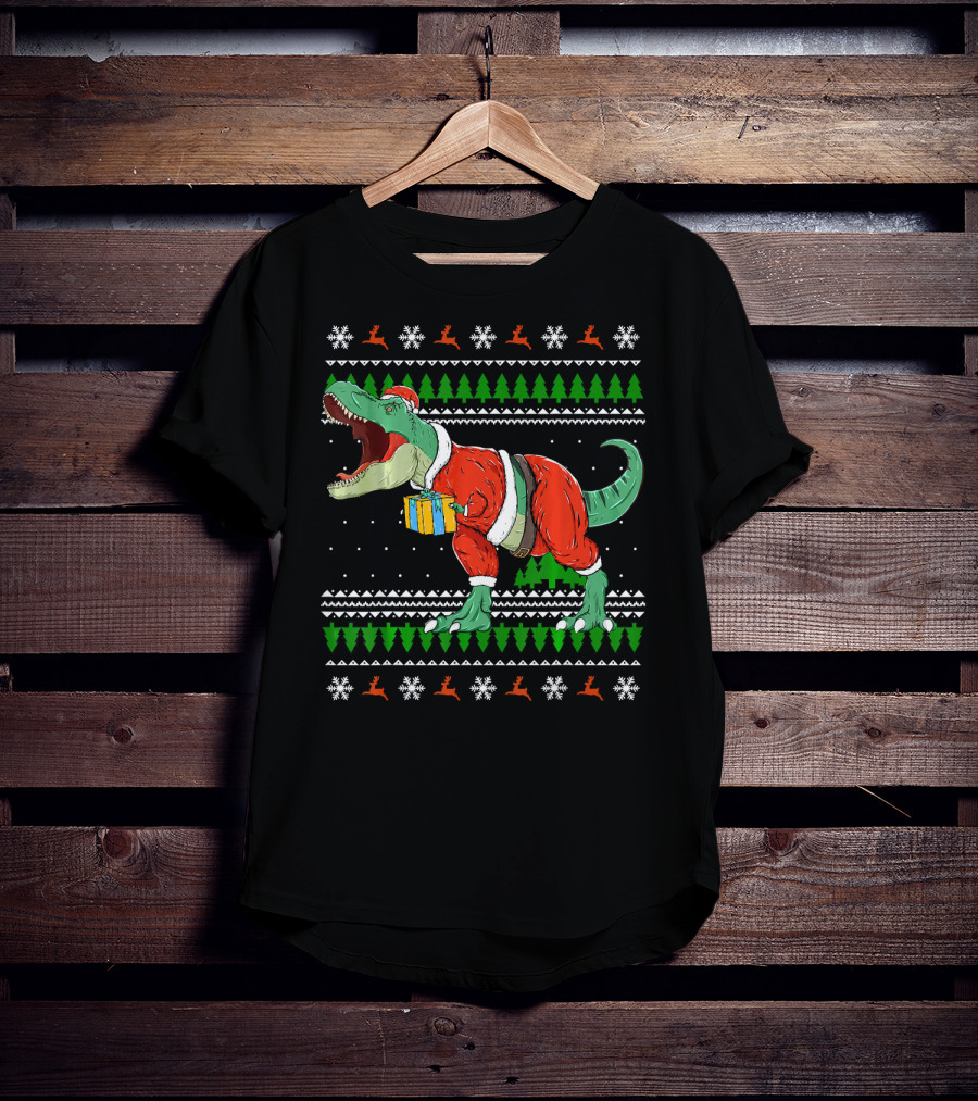 Funny TRex Dino Christmas Santa Holding Gift In Ugly T-Shirt