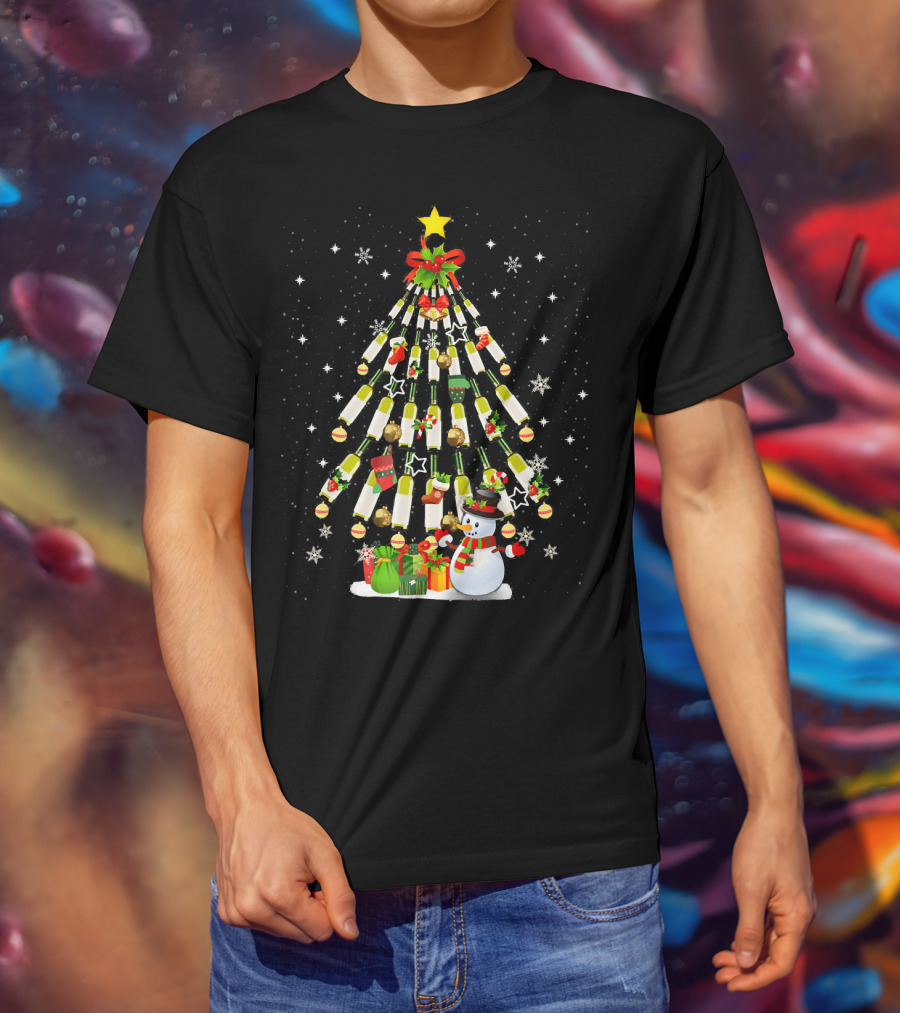Christmas Wine Bottle Tree With Snowman And Gifts T-Shirt