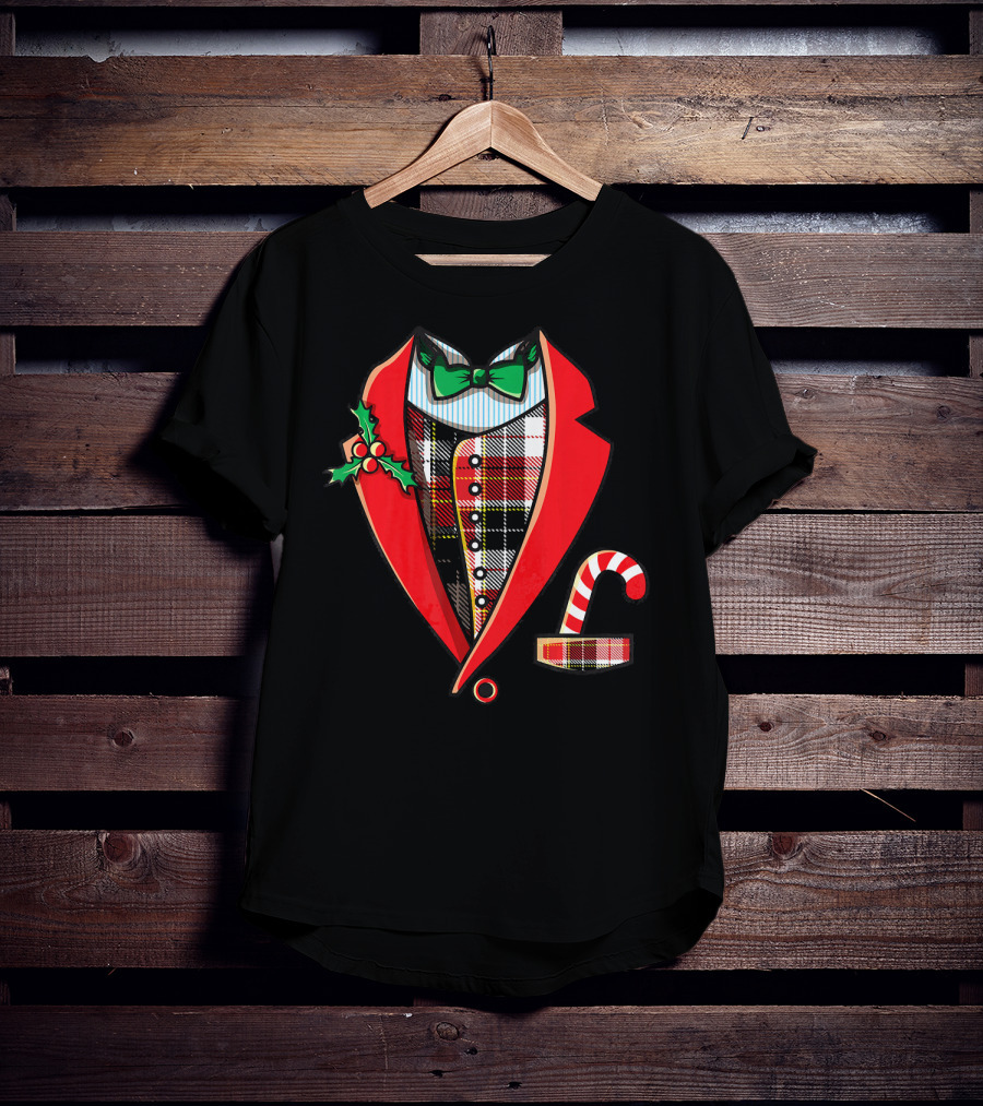 Christmas Tuxedo Plaid Suit Jacket With Green Bow Tie And Candy Cane T-Shirt
