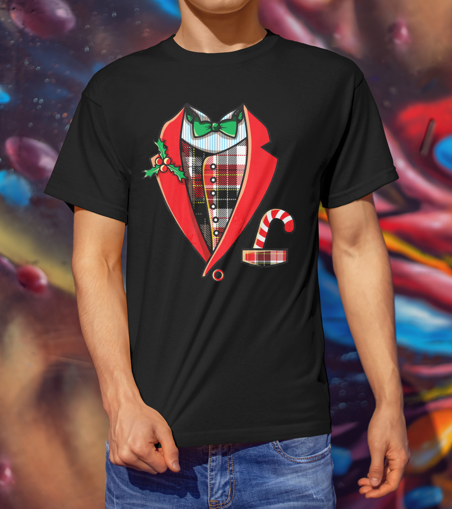 Christmas Tuxedo Plaid Suit Jacket With Green Bow Tie And Candy Cane T-Shirt