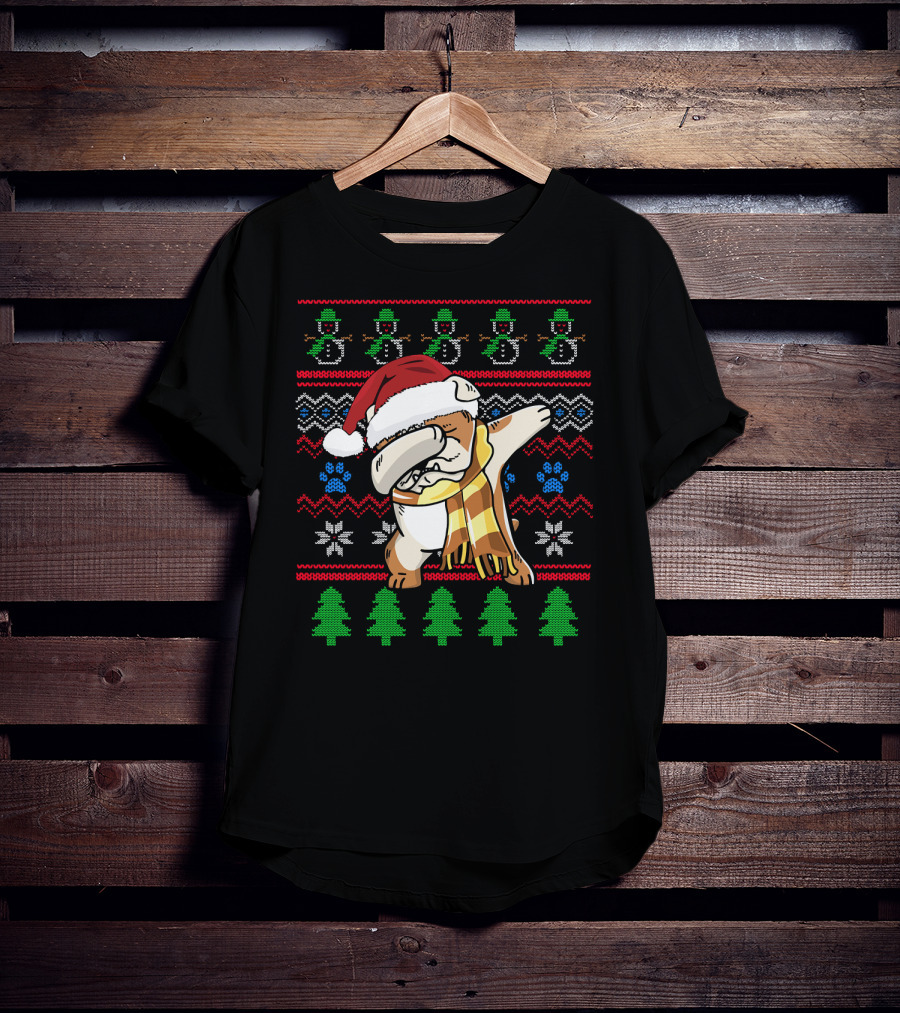 Bulldog Dabbing UglyStyle Santa Hat Christmas Trees Snowmen T-Shirt